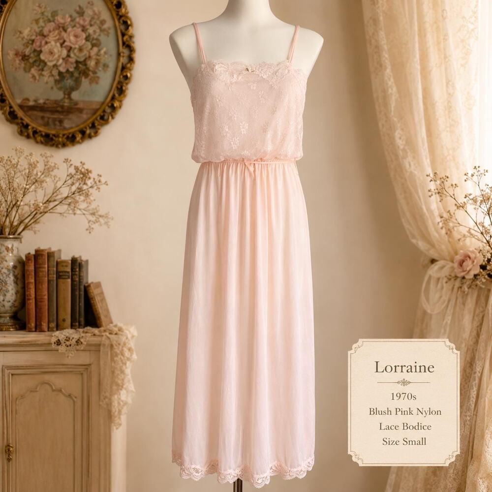 Vintage 1970s Lorraine Blush Pink Nylon Nightgown Lace Bodice Rosette Accent S